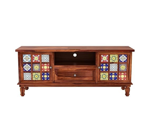 Image of Sheesham Wood Entertainment Tv Unit for Living Room | Free Standing Media Console Movable Tv Cabinet Sideboard | Tv Table Side Board with 2 Door Cabinet, 1 Drawer & Shelf Storage | Honey