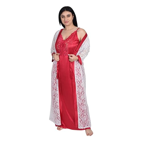 Image of Women Satin Solid Nightwear Maxi Set Nighty with Net Sleep Robe for Women, Dark Pink