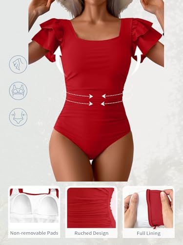 Image of Eomenie Women's Tummy Control One Piece Swimsuit Ruffle Square Neck Bathing Suit Ruched Cutout Back Slimming Swimwear
