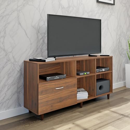Image of VIKI Modern TV Unit for Living Room | Engineered Wood TV Cabinet with 1 Drawer Storage & 3 Open Shelves, Set Top Box Stand, Entertainment Unit, 140W x 74H x 40D cm | DIY | 1 Year Warranty (Walnut)