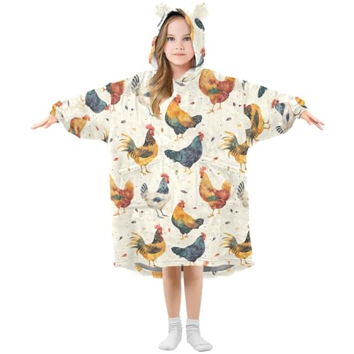 CHIFIGNO Watercolor Chickens Blanket Jumper Hoodie Wearable Blanket, Oversized Hoodie for Kids, Gift for Kids