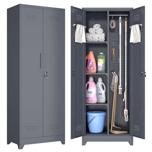 GREATMEET Broom Closet, Broom Closet Cabinet with Pegboard and Hanging Rod, Cleaning Supplies Storage Cabinet for Bathroom, Garage