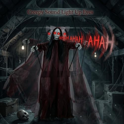 5FT Hanging Ghost Girl with Red LED Eyes for Outdoor Halloween Decorations | Clap or touch to trigger creepy screams and flashing eyes. Ready to hang on covered porches or in haunted houses. - image 5
