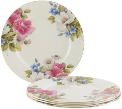Gracie Bone China 7-1/2-Inch Ribbed Dessert Plate, Pink Grace's Rose, Set of 4. Gold Trimmed