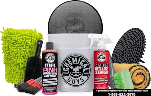 Chemical Guys Car Washing Kit - Mr. Pink Car Wash Soap, Diablo Wheel Cleaner, Wash Bucket with Dirt Trap and Lid, Wash Mitt, Detailing Brushes, Microfiber Towel, 12-Piece