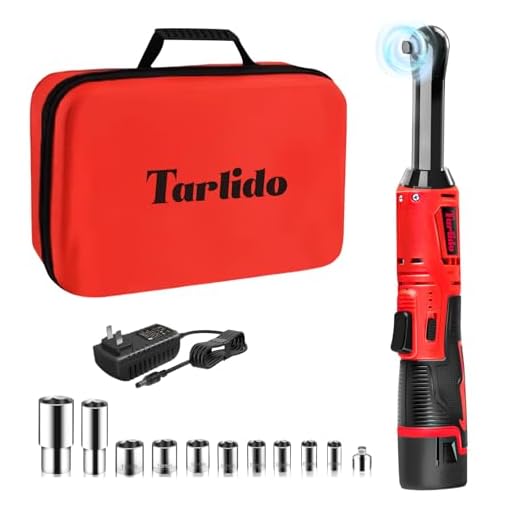 Tarlido 3/8" Electric Ratchet Wrench, 40 Ft-Lbs 400 RPM 12V Cordless Battery Powered Ratchet Wrench Set with LED Light, Including 2 Batteries, 11 Sockets, Carry Bag and Fast Charge-Red