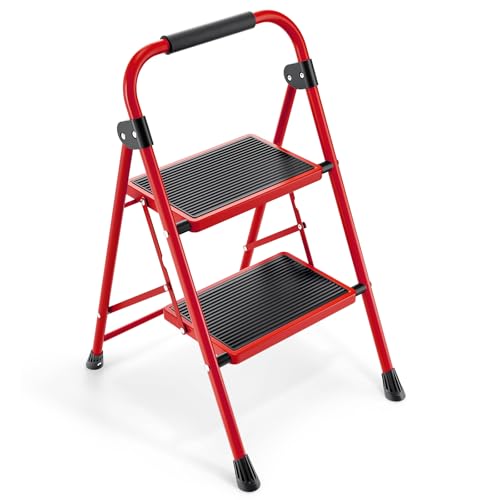 KINGRACK 2 Step Ladder, 2 Step Folding,Kitchen Ladder with Anti-Slip and Wide Pedal,Small Step Ladder with Handrails,Lightweight Portable Step Ladder for Kitchen Household,Red