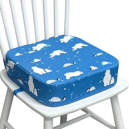 Toddler Booster Seat for Dining Table, Waterproof Kids Booster Seat for Kitchen Chair, High Density Foam Cushion with Non-Slip Bottom, Washable Cover &amp; Adjustable Straps (Polar Bear)