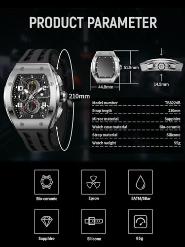 Image of TSAR BOMBA Mens Luxury Watch Watches for Men 50M Waterproof Japanese Quartz Movement Tonneau Stainless Steel Case Sapphire Glass with Chronograph Date Function Cool Unique Fashion Gift