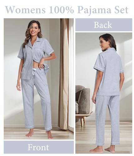 Image of CF Womens 100% Cotton Pajamas Set Button Down Pjs Sets Short Sleeve Top & Long Pants Sleepwear Comfy Loungewear with Pockets