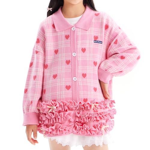 Girls' Knitwear, Long Sleeve Knit Cardigan, Heart Print Jumper Pink