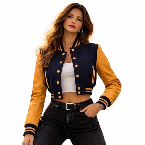 Cropped Varsity Jacket Women Letterman Jacket Woman with 100% Cowhide Leather Sleeves & Wool Body Baseball Jacket for Woman Button Closure