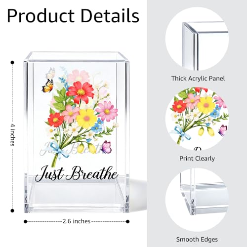 Image of Just Breathe Acrylic Cosmetic Organizer Pen Holder, Motivational Acrylic Desk Holder Cup for Pen Pencil, Inspirational Office Gifts for Coworker Leader, Mental Health Gifts for Anxiety Friend