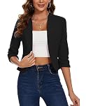 MINTLIMIT Crop Blazer for Women 3/4 Ruched Sleeve Jacket Blazers Casual Suit Collarless Open Front (Black S)