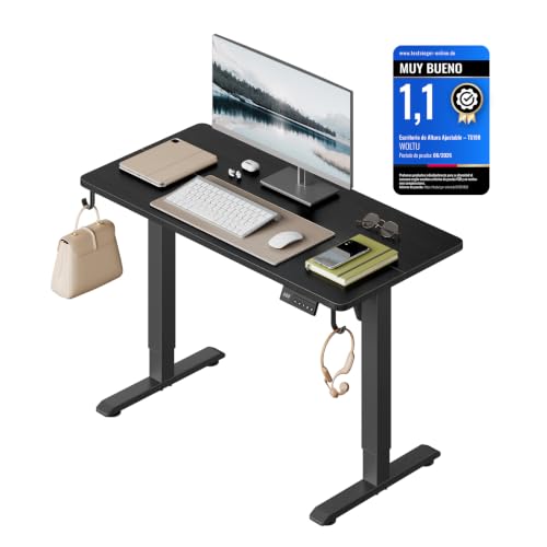 WOLTU Escritorio Elevable Eléctrico Regulable Altura 72-118 cm, con Memoria y Protección Anticolisión, con 2 Ganchos, para Oficina, Gaming o Estudio, Negro, 100x48 cm