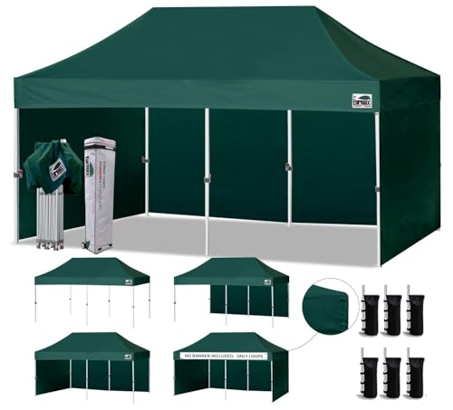 Image of Eurmax USA 10x20 Pop Up Canopy Tent,Commercial Tent with Patented No-Tip Rolling Bag,4 Zippered Removable Walls,UV & Water Resistant Canopy Top,Heavy Duty Outdoor Gazebo,Instant Shelter(Green)