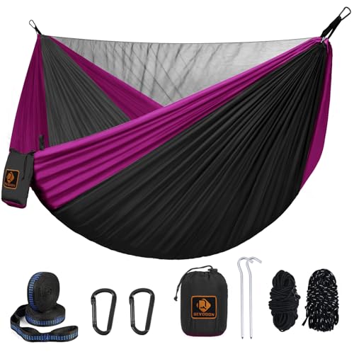 Image of Camping Hammock, Portable Hammocks with Mosquito Net,Lightweight Nylon Parachute Hammock with 10ft Tree Straps,Camping Gear Must Haves for Travel Hiking Backpacking Beach Patio-Black&Pink