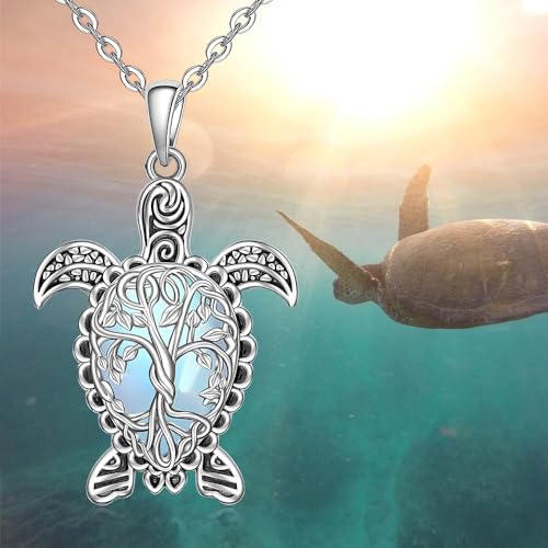 Sea Turtle Necklace Moonstone Tree of Life Turtle Necklace for Women Sterling Silver Hawaii Pendant Jewelry Birthday Mothers Day Gifts4