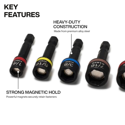 Image of Klein Tools 32925S Nut Setter Set, Magnetic Impact Driver Set, 2-Inch Power Nut Drivers, Color-Coded, SAE, Impact-Rated, 5-Piece