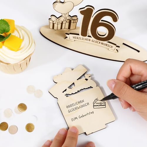 BOFUNX Geldgeschenke zum 16. Geburtstag Mädchen Jungen Holz Verpackung Geschenke 16 Geburtstag Jungen Mädchen Holz Schild Gästebuch Geburtstagsgeschenk 16 Geburtstag Geschenk Tischdeko