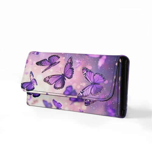 Image of AFPANQZ Bling Butterflies Long Clutch Women Wallet Soft Leather Designer Trifold Multi Card Organizer Phone Holder Lady Purse Buckle Zipper Coin Pocket Pink