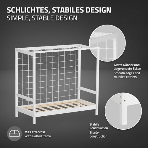 ML-Design Cama Infantil con Portería de Fútbol 70 x 140 cm de Madera de Pino Color Blanco, Cuna Individual para Niño con Somier de Láminas y Red, Litera Maciza Juvenil con Puerta de Juego y Deporte - imagen 4