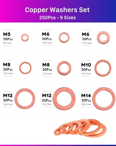 ANVINKU Kupferdichtringe Sortiment,250 Stück, Kupferdichtringe, Unterlegscheiben set, Kupferringe Sortiment M5 M6 M8 M10 M12 M14, Fitschenringe Sortiment für Kraftstoffzubehör