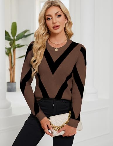 Image of Libsorge Womens Dressy Casual Color Block Striped Sweater Fall 2025 Trendy Outfits Lightweight Ribbed Knit Pullover Top