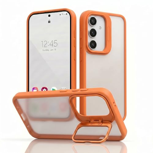 Image of amazon basics Frosted Matte Case for Samsung Galaxy A55 5G | Built-in Flip-Out Camera Lens Stand | Translucent Back with Contrast Orange Bumper | Shockproof Protective Cover with Foldable Kickstand