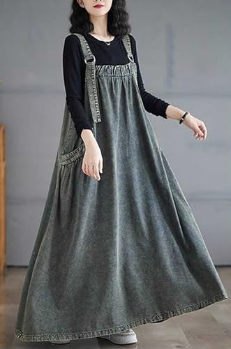 Image of Women's Casual Loose Denim Dress Sleeveless Adjustable Straps Denim Jumper Dress with Pockets