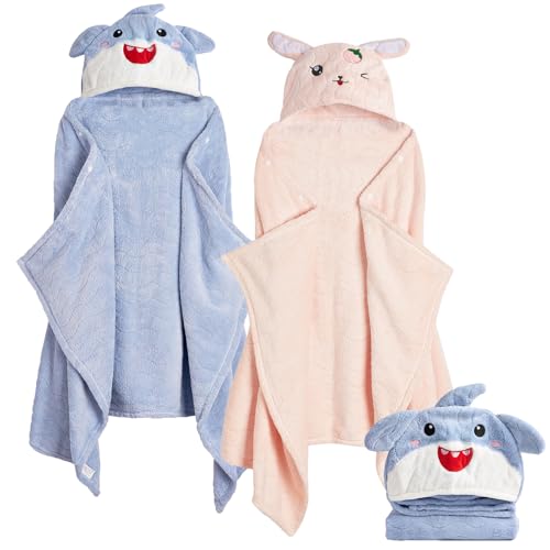 Image of Allureza Hooded Toddler Towels with Animal Hood - 500GSM Ultra Soft & 6X Absorbent Baby Bath Towel, Large 28x55 Inch Coral Fleece Hooded Kids Towel for Boys Girls, Cape Blanket 2 Pack