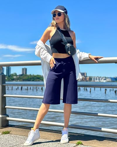 Image of G4Free Capri Pants for Women 14 inch Knee Length Wide Leg Yoga Capris Dressy Casual Summer Crop Pants with Pockets