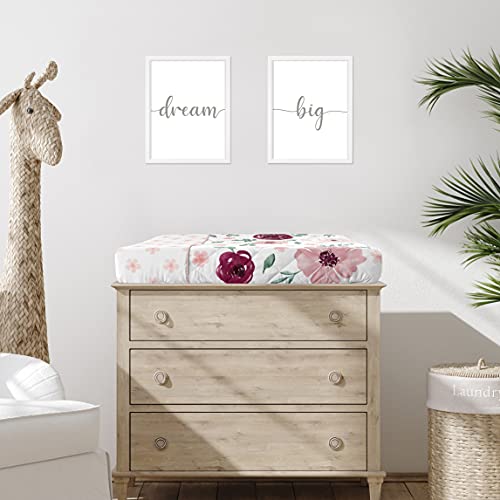 Image of Sweet Jojo Designs Burgundy Watercolor Floral Girl Baby Nursery Changing Pad Cover - Blush Pink, Maroon, Wine, Rose, Green and White Shabby Chic Flower Farmhouse