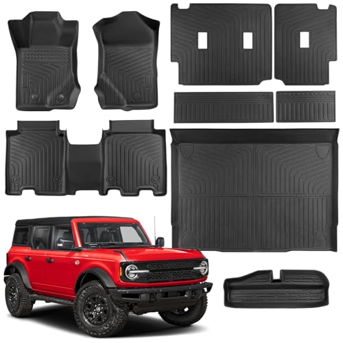 Floor Mats & Cargo Liner & Backrest Pad for Ford Bronco 4-Door (Not for Sport) 2021-2025 2026 All Weather Heavy Duty TPE Waterproof Anti-Slip Tech Floor Mats for Car Automotive Accessories