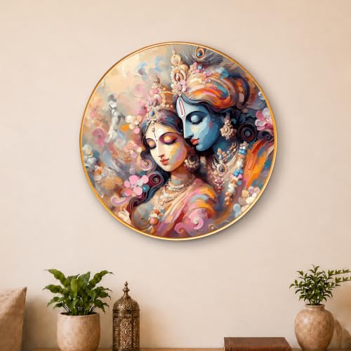 Image of PAINTINGMANTRA Radha Krishna Round Wall Art Painting With Frame For Living Room | Vastu Love & Harmony Decor Framed Painting | Artistic Round Wall Hanging for Living Room, Bedroom & Gifting, 23 Inch