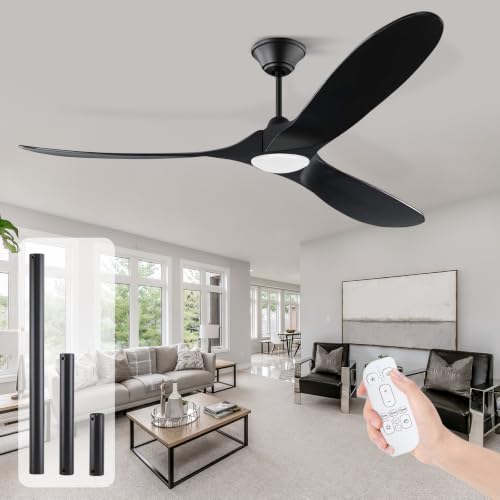 Image of 60 inch Black Ceiling Fans with Lights, 3 Solid Wood blade Fan