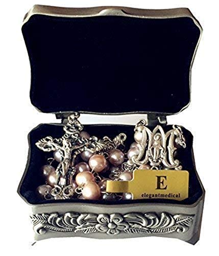 elegantmedical CATHOLIC AAA 8-9mm REAL PEARL Pearls SILVER ROSE BEADS ROSARY CROSS NECKLACE BOX