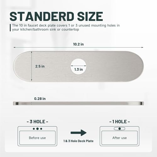Brushed Nickel Faucet Plate, Greenspring Sink Hole Cover, Faucet Deck Plate Round 10" Bathroom or Kitchen Sink Faucet 1 or 3 Hole Cover Deck Plate - Sink Faucet Hole Cover for Vanity Sink Faucet by Greenspring - Image 2