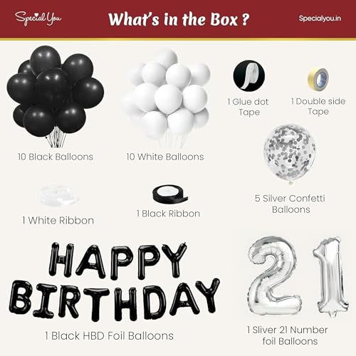 Image of SpecialYou.in 21st Happy Birthday Decoration Kit for Girls, Boys with Black & White Balloons for Decoration, 21 Number Foil Balloon, Aesthetic Room Decor Items Pinterest, Birthday Decor- 31 Pcs