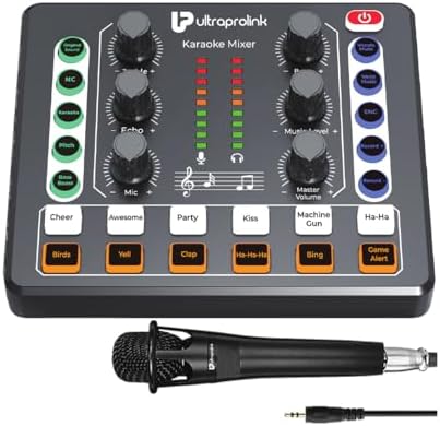 UltraProlink Portable Bluetooth Karaoke Mixer | with Recording | 12 sound effects | Sound Card for Singing, Podcast,Live Stream,Broadcast | Dual Mic Input | Condenser Mic | Sing Along Pro UM1002PRO