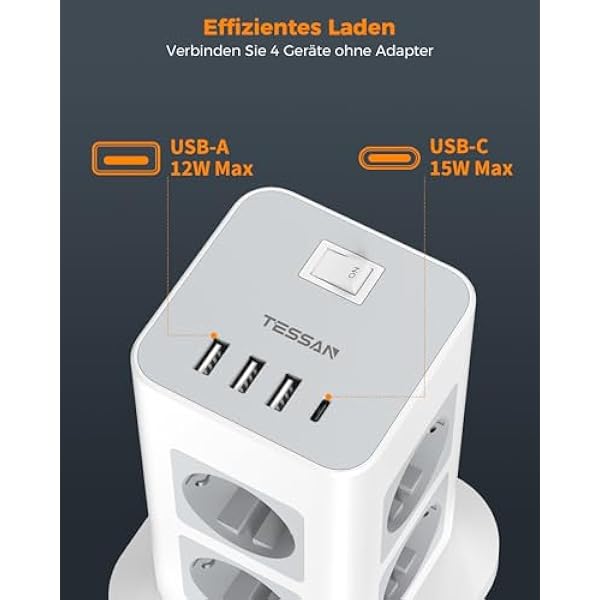 Удлинители TESSAN защита от перегрузки 8 розеток с 3 USB A и USB C вертикальный удлинитель с выключателем удлинительный кабель 2 метра вор 3600 Вт