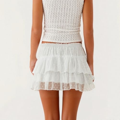 Women Floral Lace Mesh Flowy Mini Skirt Layered Ruffle Trim Low Rise Pleated Boho Going Out Vacation Beach Cover Up2