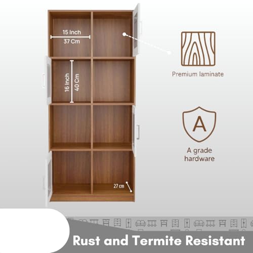 Image of Cube Polycarbonate Sheet Engineered Wood Open & Closed Bookshelf | Display Unit | Open 4 Shelves & 4 Door Cabinet Storage for Home & Office|1 Year Warranty (Finish - Leon Teak, Knock Down)