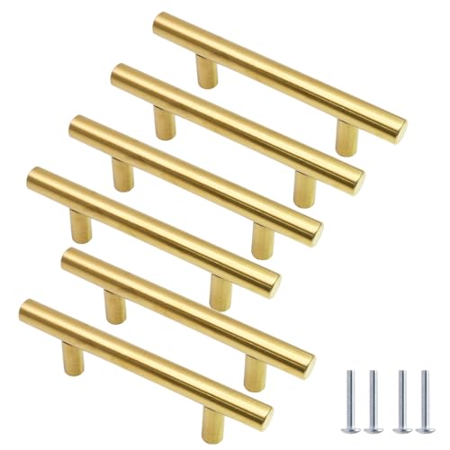 Cjueiom 6 Pack Gold Cabinet Handles 76mm Hole Centers, 127mm Length Stainless Steel T-Bar Handles for Drawers, Wardrobe, Kitchen Cabinets & Bedroom Furniture