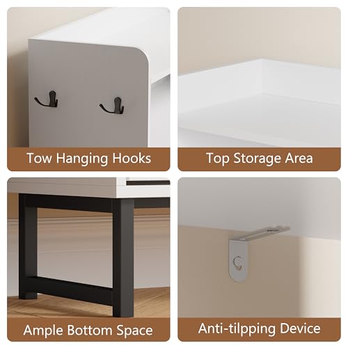 Image of Shoe Cabinet with 3 Flip Drawers, Freestanding Hidden Shoe Storage Organizer for Entryway, Narrow Slim Shoe Rack Cabinet with Open Storage & Hooks for Front Door Entrance, Living Room, Hallway, White
