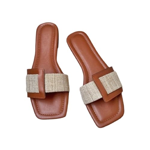 BLYVORA Women's Canvas One Word Flat Slides Sandals Fashion Non-Slip Square Toe Slip On Leather Walking Slippers Outdoor Indoor Summer Beach Home Mules