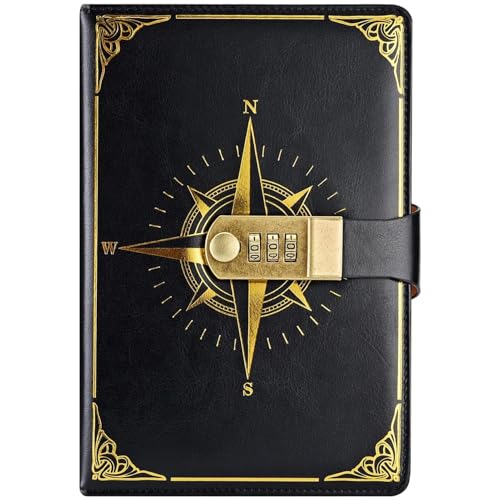 Reisetagebuch Notizbuch mit Codeschloss, PU Leder Retro Nautisches Muster Geheimes Passwort Notizblock Tagebuch, Stifthalter, A5 Nachfüllbares Schreibbuch mit für Büro Schule, 22 x 15 cm