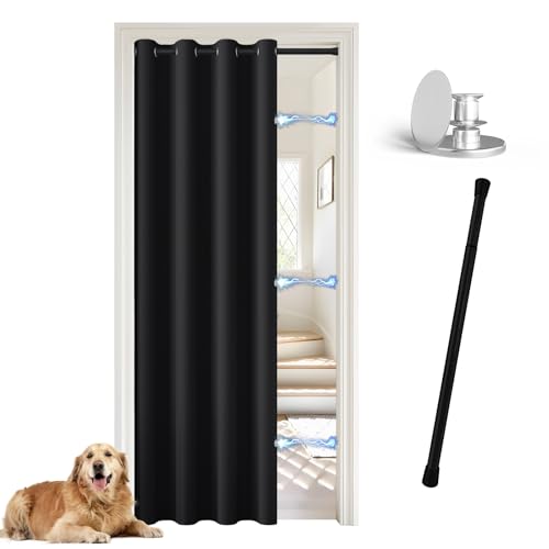 JCyh Rideau Occultant Thermiques sans Perçage Isolation Phonique Rideau de Porte à Œillets avec Bouton Magnétique H195 X L132 cm, Noir