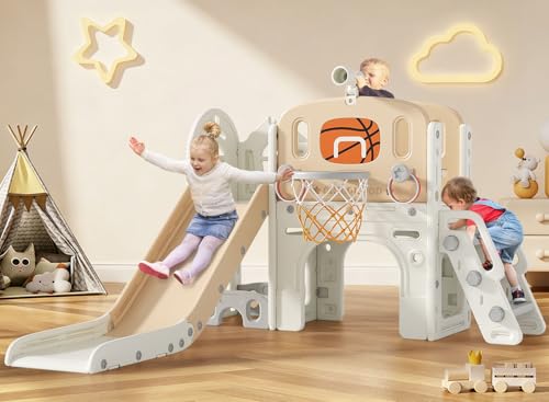 BIERUM 9 in 1 Toddler Slide, Baby Slide for Toddlers Age 1-3 with Ring Toss, Basketball Hoop and Telescope, Indoor Outdoor Playset Playground Beige Coffee