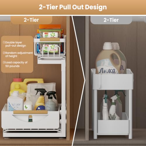 Image of Under Sink Organizer and Storage for Bathroom and Kitchen - 2 Pack 2 Tier | Cabinet Pull Out Shelf Organizers - Slide Out Drawer Organization for Home Cabinets Shelves and Drawers
